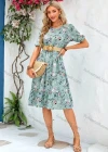 Wholesale Women's Casual Floral Print Round Neck Puff Sleeve Knee Length Dress With Belt - Liuhuamall
