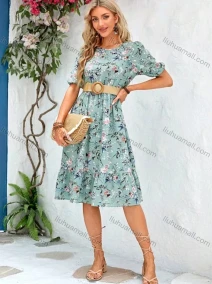 Wholesale Women's Casual Floral Print Round Neck Puff Sleeve Knee Length Dress With Belt, LIUHUA CLOTHING WHOLESALE