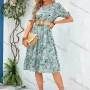 Wholesale Women's Casual Floral Print Round Neck Puff Sleeve Knee Length Dress With Belt preview