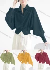Wholesale Women's Casual Collared Leg of Mutton Sleeve Button Down Notched Hem Plain Blouse - Liuhuamall