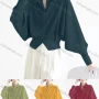 Wholesale Women's Casual Collared Leg of Mutton Sleeve Button Down Notched Hem Plain Blouse preview