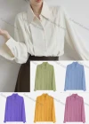 Wholesale Women's Casual Collared Shirt Sleeve Ruched Button Down Plain Shirt 783803# - Liuhuamall