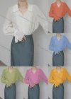 Wholesale Women's Casual V Neck Trumpet Sleeve Button Down Ruffle Trim Plain Blouse 000148# - Liuhuamall