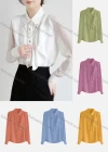 Wholesale Women's Casual Collared Sheer Long Sleeve Chain Decor Ruffle Trim Button Down Plain Shirt 066274# - Liuhuamall