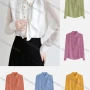 Wholesale Women's Casual Collared Sheer Long Sleeve Chain Decor Ruffle Trim Button Down Plain Shirt 066274# preview