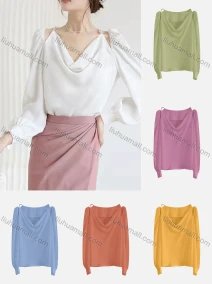 Wholesale Women's Casual Cowl Neck Puff Sleeve Ruched Cold Shoulder Plain Blouse 126212#, LIUHUA CLOTHING WHOLESALE