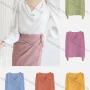 Wholesale Women's Casual Cowl Neck Puff Sleeve Ruched Cold Shoulder Plain Blouse 126212# preview