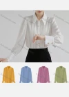 Wholesale Women's Casual Long Sleeve Collared Pleated Ruched Button Down Shirt - Liuhuamall