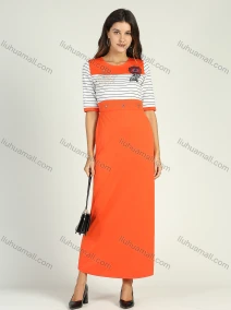 Wholesale Women's Crew Neck Half Sleeve Rhinestone Embroidery Striped Maxi Dress, LIUHUA CLOTHING WHOLESALE