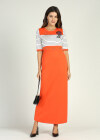 Wholesale Women's Crew Neck Half Sleeve Rhinestone Embroidery Striped Maxi Dress - Liuhuamall