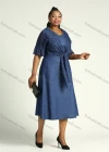 Wholesale Women's Casual Sweetheart Neck Ruffled Half Sleeve Tie Front Midi Denim Dress - Liuhuamall