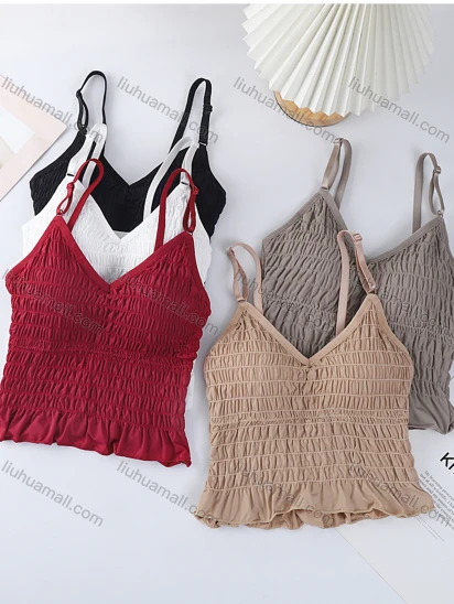 Wholesale Women's Casual Plain Spaghetti Strap Shirred Lettuce Trim Built-in Bra Lingerie F86#