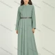Wholesale Women's Chiffon Mandarin Collar Pleated Long Sleeve Plain Maxi Dress With Belt 5# Clothing Wholesale Market Liuhua