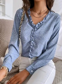 Wholesale Women's Casual Pin Dot Ruffle Trim Long Sleeve Blouse, LIUHUA CLOTHING WHOLESALE
