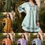 Wholesale Women's Notched Neck Long Sleeve Embroidered Floral Short Dress A1309-6691# preview