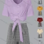 Wholesale Women's V-neck Button Front Ties Shirt & Grid Print Shorts Set preview