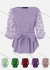 Wholesale Women's Bateau Neck Plain Appliques Bowknot Tie Front Causal Top A3# - Liuhuamall