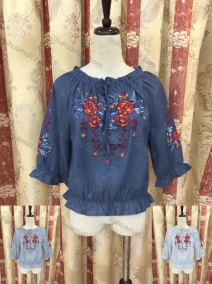 Wholesale Women's Casual Ruffle Trim 3/4 Sleeve Embroidered Denim Blouse, LIUHUA CLOTHING WHOLESALE