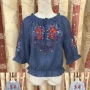 Wholesale Women's Casual Ruffle Trim 3/4 Sleeve Embroidered Denim Blouse preview