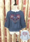 Wholesale Women's Casual 3/4 Sleeve Ruffle Neck Embroidered Denim Blouse - Liuhuamall