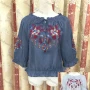 Wholesale Women's Casual 3/4 Sleeve Ruffle Neck Embroidered Denim Blouse preview