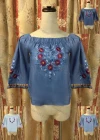 Wholesale Women's Casual Bateau Neck Embroidered Fringe Trim Denim Top - Liuhuamall