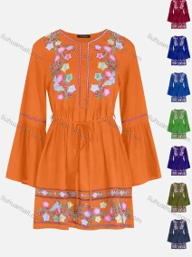 Wholesale Women's Casual Embroidery Button Front Tie Front Ruffle Hem Short Dress, LIUHUA CLOTHING WHOLESALE