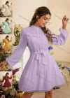 Wholesale Women's Casual Plain Stand Collar Lace Trim Tie Front Long Sleeve Short Dress With Belt - Liuhuamall