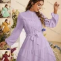 Wholesale Women's Casual Plain Stand Collar Lace Trim Tie Front Long Sleeve Short Dress With Belt preview