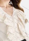 Wholesale Women's Casual Plain Lantern Sleeve V-Neck Lace Ruffle Trim Blouse - Liuhuamall