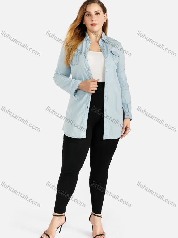 Wholesale Women's Casual Long Sleeve Flap Pocket Button Front Long Denim Shirt