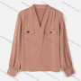 Wholesale Women's Causal V Neck Long Sleeve Fake Pockets Plain Blouse preview