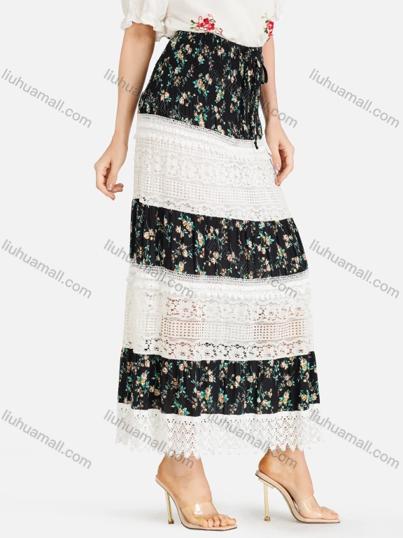 Wholesale Women's Boho Ruched Lace Floral Print Stiching Color Skirt