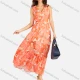 Wholesale Women's Casual Floral Print V Neck Button Decors Shirred Elastic Waist Ruffle Hem Maxi Tank Dress Orange Clothing Wholesale Market Liuhua
