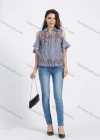 Wholesale Women's Collared Gingham Print Cold Shoulder Floral Embroidery Blouse - Liuhuamall