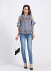 Wholesale Women's Collared Gingham Print Cold Shoulder Floral Embroidery Blouse - Liuhuamall