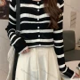 Wholesale Women's Casual Crew Neck Striped Ribbed Button Down Knit Cardigan 8125# preview