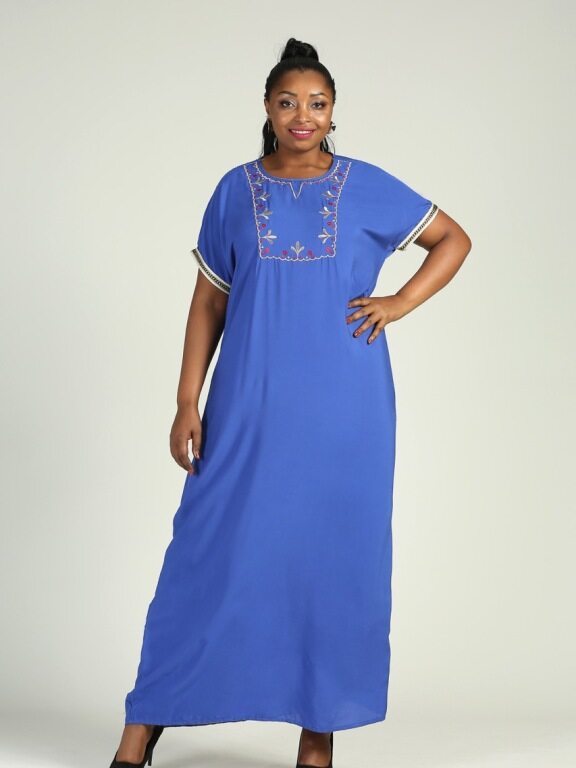 Women's Plus Size Floral Embroidery Round Neck Short Sleeve African Maxi Dress, Clothing Wholesale Market -LIUHUA, Specialty, Women-s-Muslim-Clothing