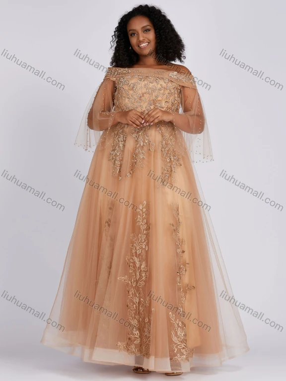 Wholesale Women's Elegant Sheer Lace Embroidered Beaded Criss Cross Wedding Evening Dress 6084#