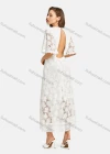 Wholesale Woman's Fashion Plain V Neck Butterfly Sleeve Guipure Lace Open Back Plain Maxi Dress - Liuhuamall