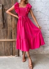 Wholesale Women's Casual Plain Square Neck Shirred Ruffle Trim Midi Dress With Belt - Liuhuamall