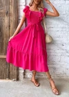 Wholesale Women's Casual Plain Square Neck Shirred Ruffle Trim Midi Dress With Belt - Liuhuamall