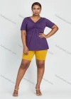 Wholesale Women's Casual Plain Ruched Short Sleeve V Neck Button Front Daily Top - Liuhuamall