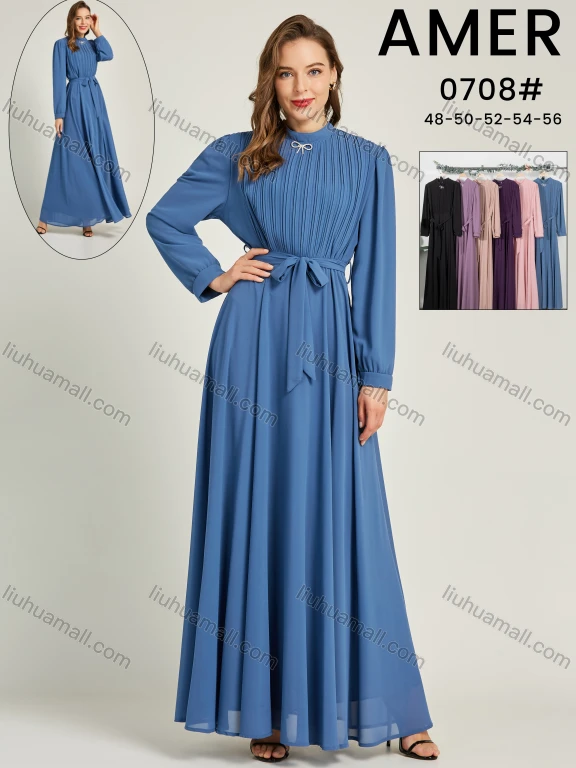 Wholesale Women's Chiffon Plain Long Sleeve Mock Neck Ruched Maxi Dress With Belt 0708#