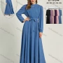 Wholesale Women's Chiffon Plain Long Sleeve Mock Neck Ruched Maxi Dress With Belt 0708# preview