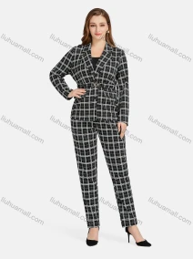 Wholesale Women's Formal Lapel Long Sleeve Single Breasted Belted Plaid Suit Jackets 2-piece Set, LIUHUA CLOTHING WHOLESALE
