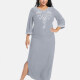 Women's African Embroidery Robe 3/4 Sleeve Split Side Curved Hem Maxi Dress Gray Clothing Wholesale Market -LIUHUA