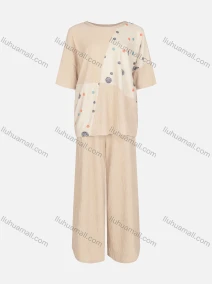 Wholesale Women's Casual Round Neck Half Sleeve Splicing Blouse&Elastic Waist Wide Leg Pants 2 Pieces Set, LIUHUA CLOTHING WHOLESALE