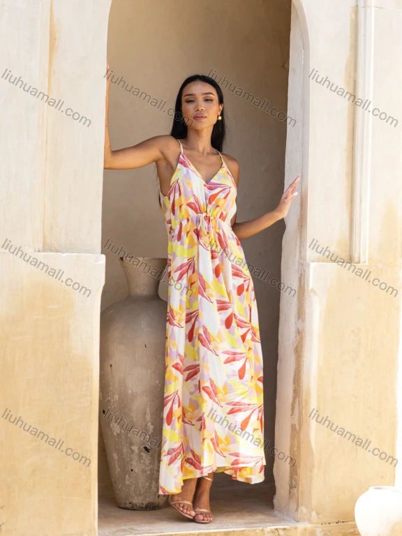 Wholesale Women's Casual Leaf Print V Neck Drawstring Woven Maxi Cami Dress V5435#
