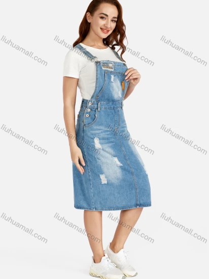 Wholesale Women's Distressed Plain Suspender Ripped Patch Pocket Pinafore Denim Dress